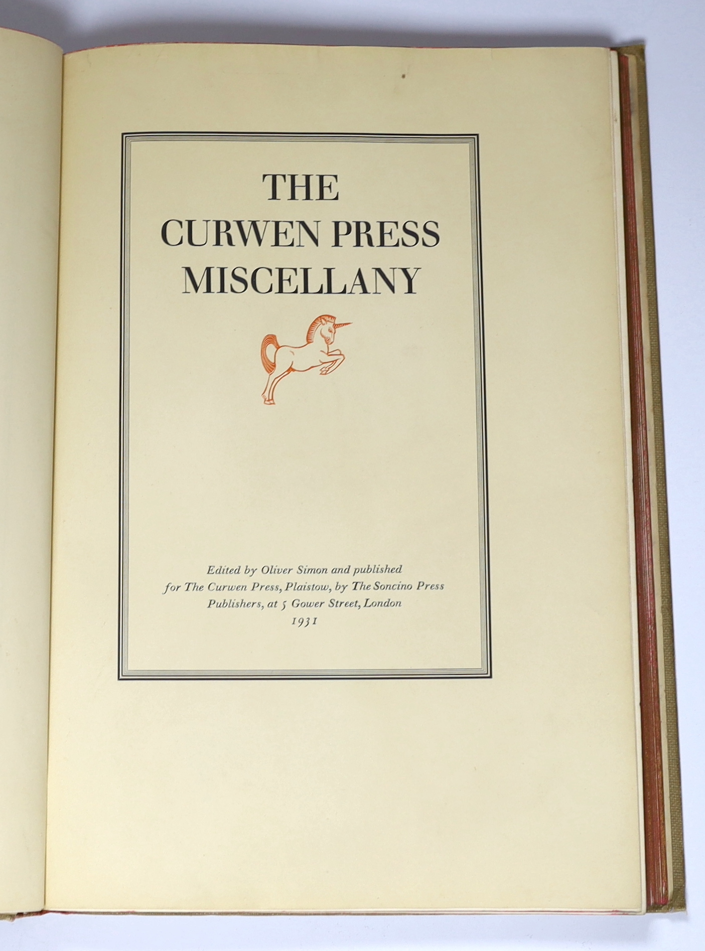 Curwen Press - The Curwen Press Miscellany, edited by Oliver Simon, one of 275 of which this is number 5, inscribed ‘’for office use’’, 4to, original cloth, with wood-engraved and lithographed illustrations by Edward Baw